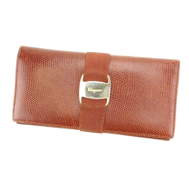 長財布 ファスナー 二つ折り ヴァラ金具 リザード調 ブラウン ゴールド 中古