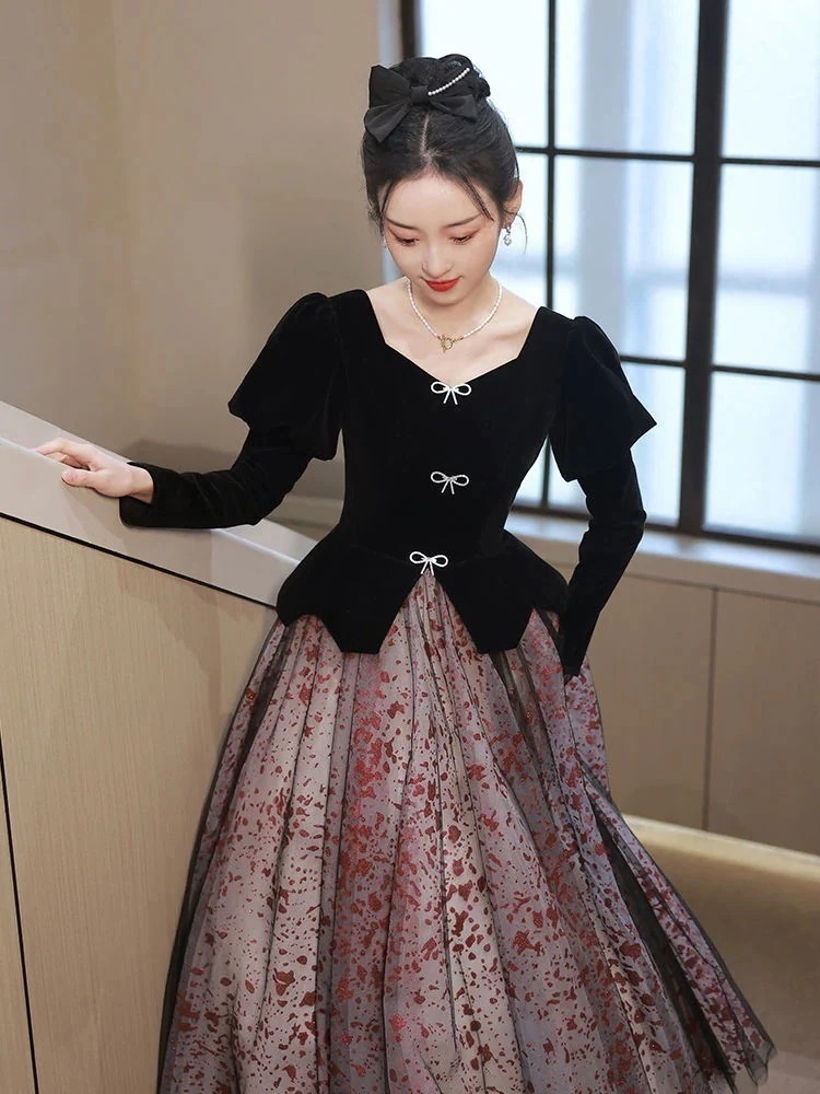 ブラック イブニングドレス スカート 女性 プリンセスアート テストホストドレス 長袖 ハイエンド感 母の日 プレゼント