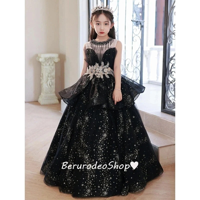 子供ドレス 黒 ピアノ発表会ドレス ロングドレス 星柄 ビーズ フリンジ キレイめ 演奏会ドレス ブラック 女児ドレス シャンパン色 女の子ドレス キッズドレス フレア 高級感 豪華 100~160c