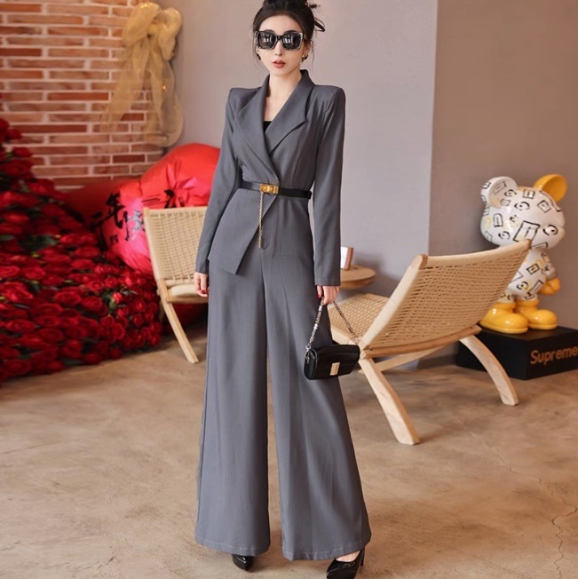 レディース オールインワン ジャンプスーツ カバーオール アシンメトリー フルレングス 長袖 襟付き 角襟 セミフレア タイト スリム 細身 フォーマル ブーツカット ウエストマーク ハイウエスト