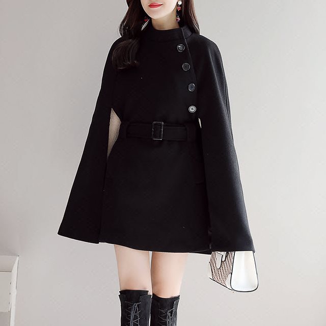 マントコート レディース ケープ コート 可愛い ポンチョ コート レディース 大きいサイズ ウール お呼ばれ 二次会 結婚式 黒