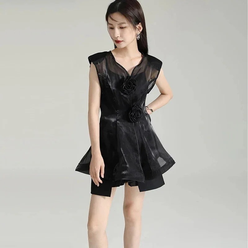 【J.Fashion】 シアーシャツ ローズ型ボタン 夏 袖なし シャツ 着痩せ キャミソール付き ブラウス 日焼け止め レディース ノースリーブ おしゃれ 上質 関連商品は店で購入可能 メガ割30%