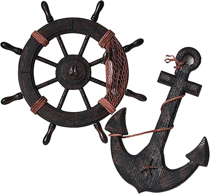 木製 船 インテリア ガーデニング オブジェ 地中海 マリン ディスプレイ 舵輪 錨セット