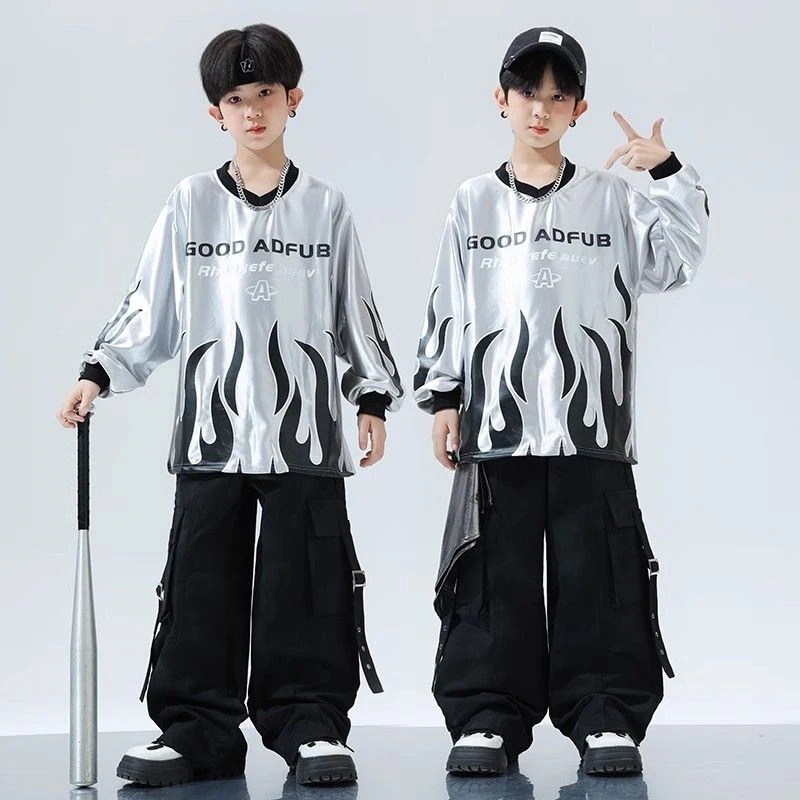 ヒップホップ子供街舞潮服セット男児銀色上着ズボン少年hiphop街舞子供服演出服
