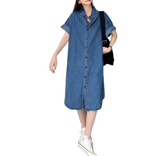 デニム シャツワンピース 半袖 前開き ひざ下 ストレート ブルー レトロ 古着風 無地 ボーイッシュ ストリート 羽織 かわいい 大人可愛い きれいめ シンプル カジュアル 大人 上品 おしゃれ l