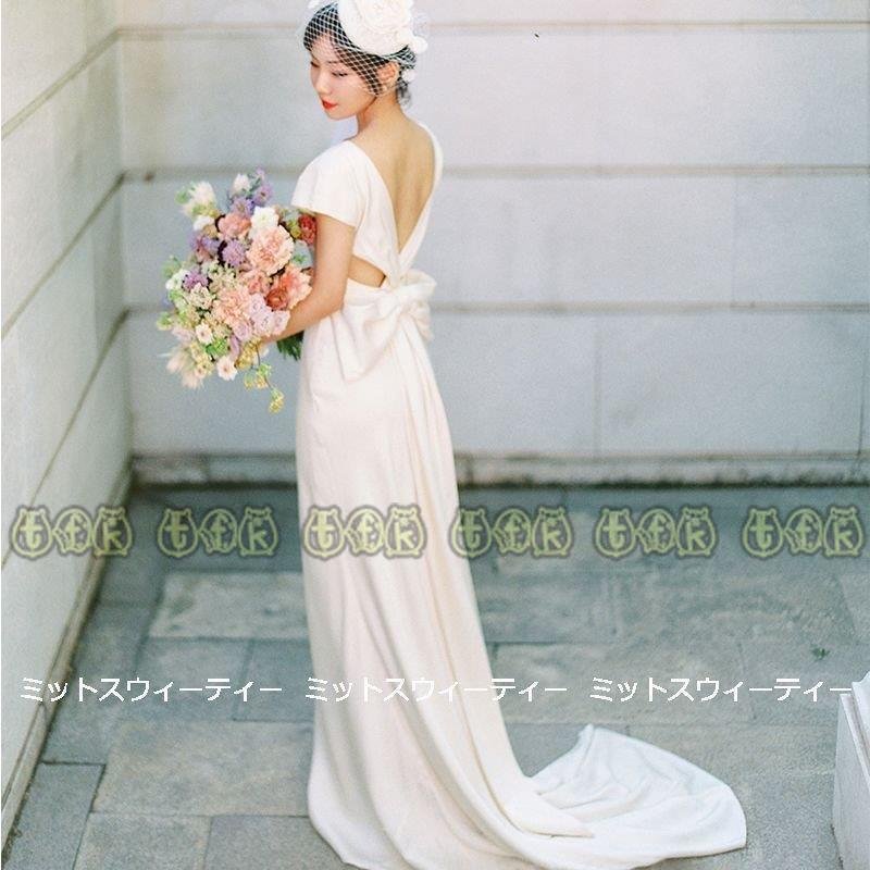 ウェディングドレス ロングドレス 結婚式 ウエディングドレス 二次会 花嫁 前撮り エレガント サテン ホワイト シンプル リゾート バックレス バックリボン