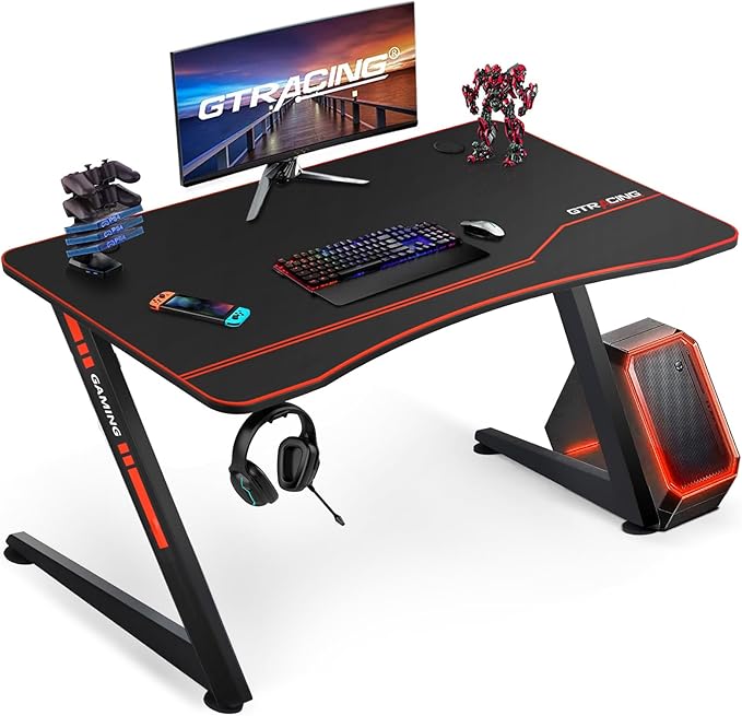 ゲーミングデスク ゲームテーブル モニターアーム対応 保護マット付き 炭素繊維天板 Z字脚 頑丈なフレーム 耐荷重110KG フック/配線穴付き 組立簡単 新開発作品 幅120cm×奥行60cm×高さ