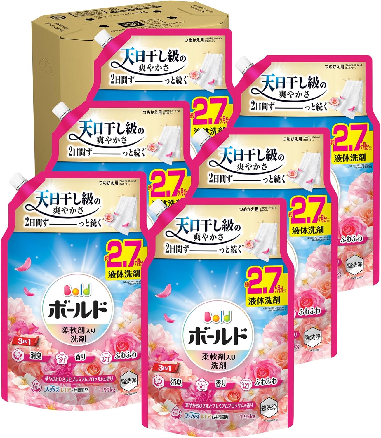 Bold ボールド 柔軟剤入り 洗濯洗剤 液体 華やかおひさまとプレミアムブロッサムの香り 詰め替え 1950g×6袋 大容量 ケース品