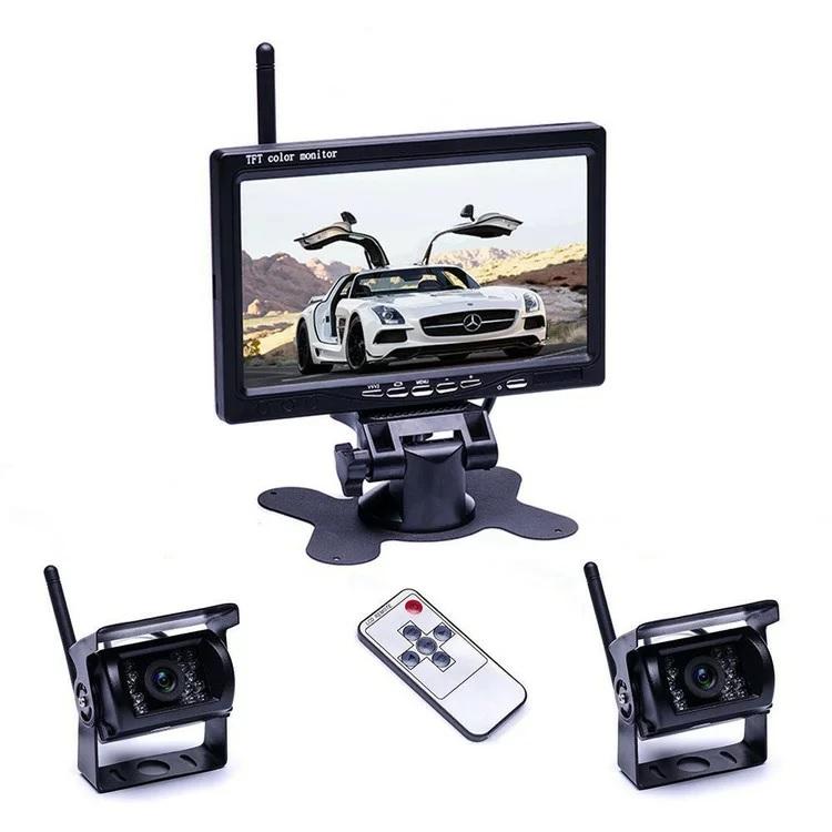 7インチモニターとカメラ2個搭載ワイヤレスバックカメラセット 防水 暗視 無線簡単取り付け 12-24V兼用 2チャンネル トラック トレーラーなど適用 OMT78SET
