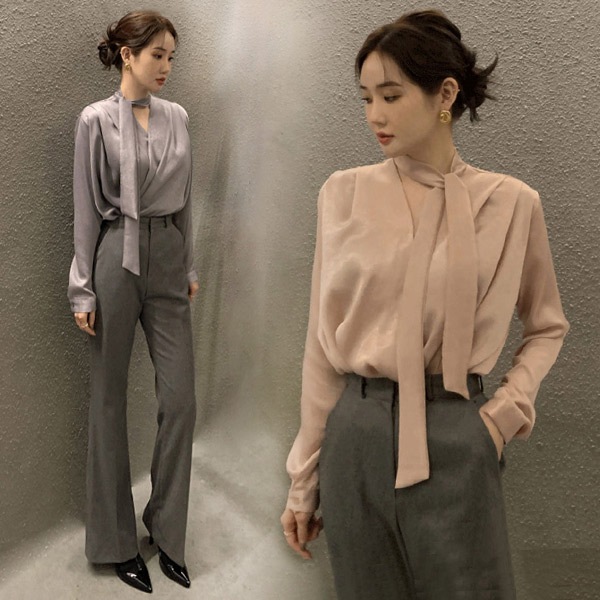 ワイシャツ トップス ブラウス 上着 リボン Vネック 長袖 肌見え 春 秋 通勤 事務服 就活 オフィス 就職 面接 ビジネス 仕事着 OL 無地 グレー ピンク ブラック sy002cy