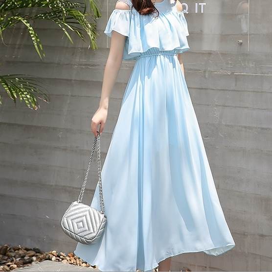 レディースワンピースミモレ丈フレアオフショルダーフリルウエストマークシースルーかわいいシンプルカジュアル大人上品おしゃれ清楚プルオーバー大きいサイ