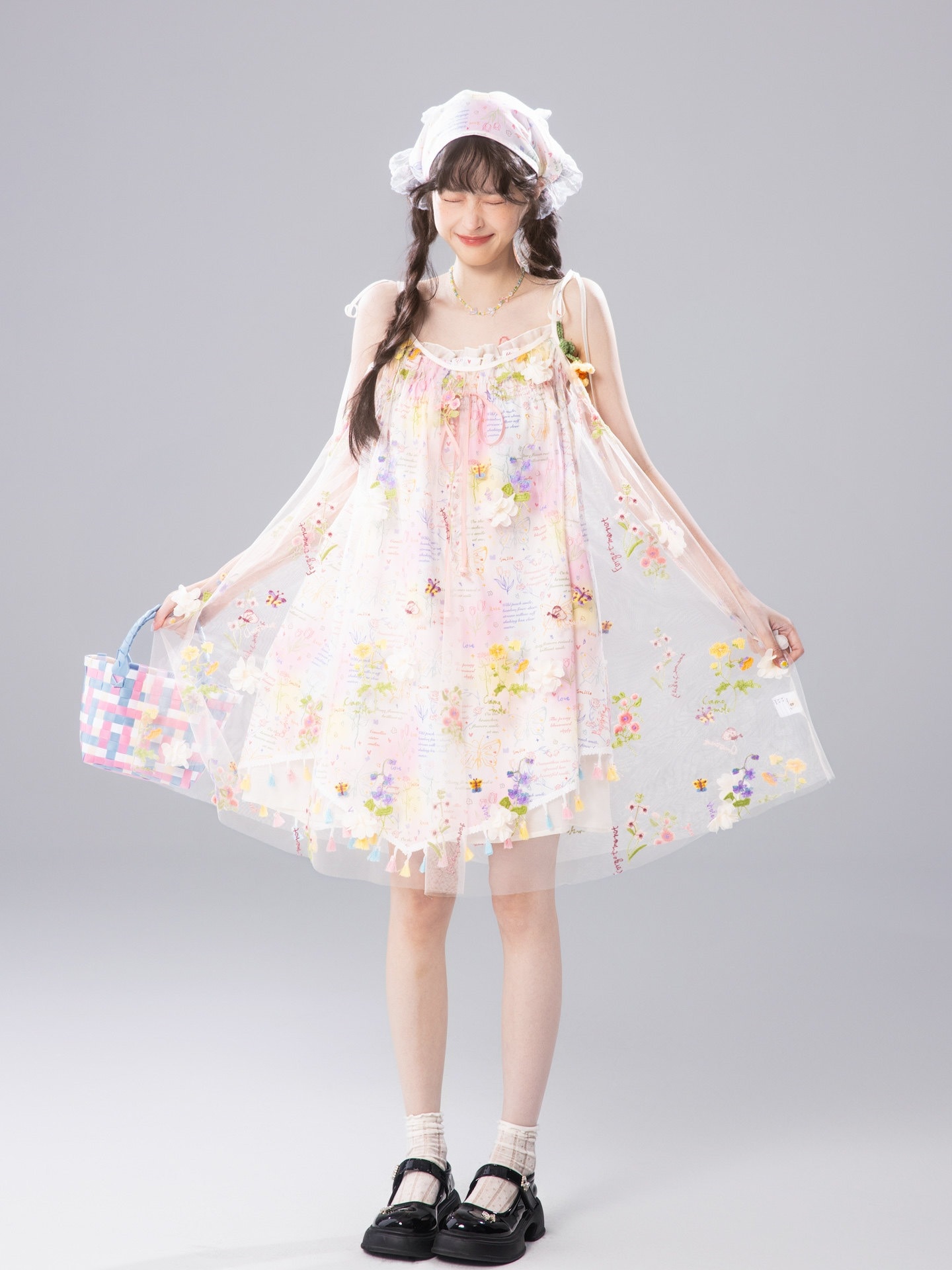 甘い魚少塩[胧花影]小花柄刺繍メッシュカバースカート薄手女性用夏用小柄さん向けキャミソール