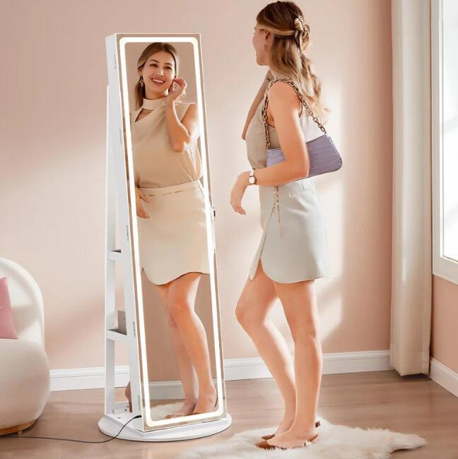 全身鏡　スマート360度回転ミラー　収納棚付き　ジュエリーキャビネット家具高級インテリアデザインディスプレイラックペイントミラー木製ジュエリーキャビネット