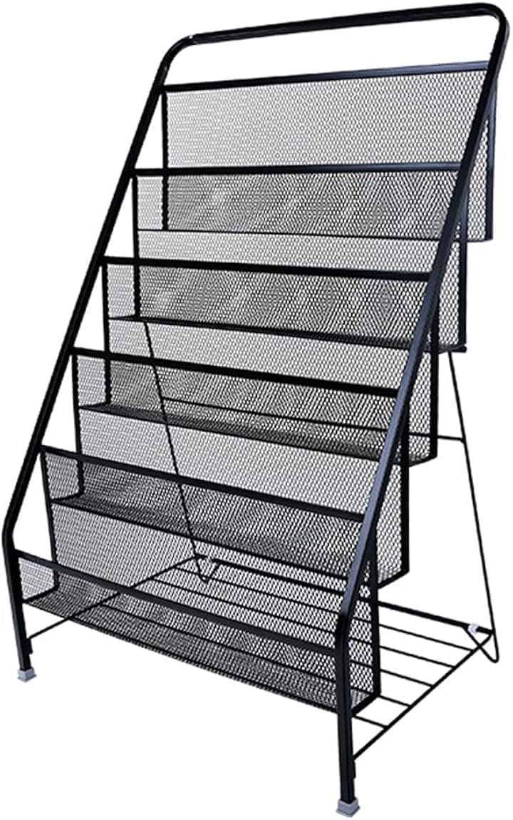 マガジンラック組立不要 カタログラック 小冊子ラック 文学展示ラック 大容量フロア スタンド鉄骨製 ファッション 応接室 学校 図書館 店舗業務用(ブラック, 5層)