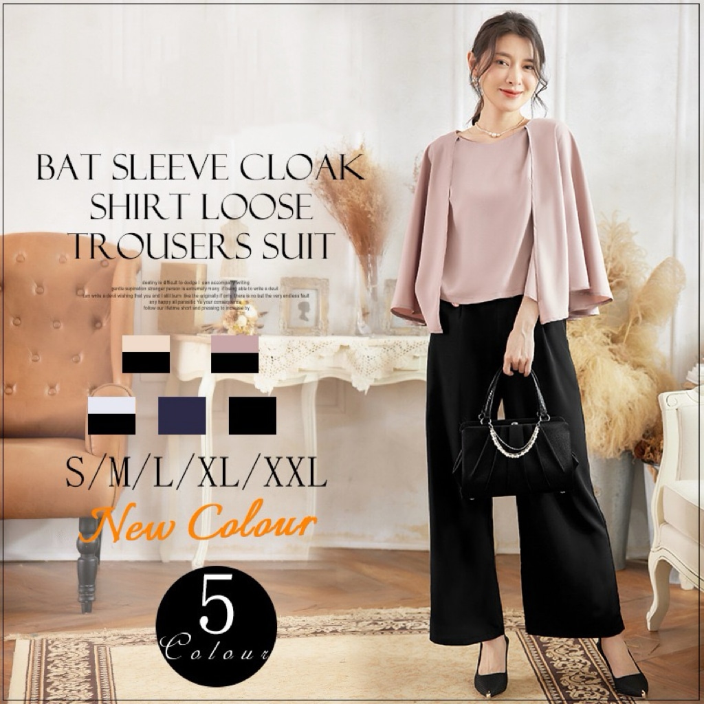 秋の女性のエレガントなスリムバットスリーブスリム韓国スタイルカジュアルワイドレッグパンツスーツ