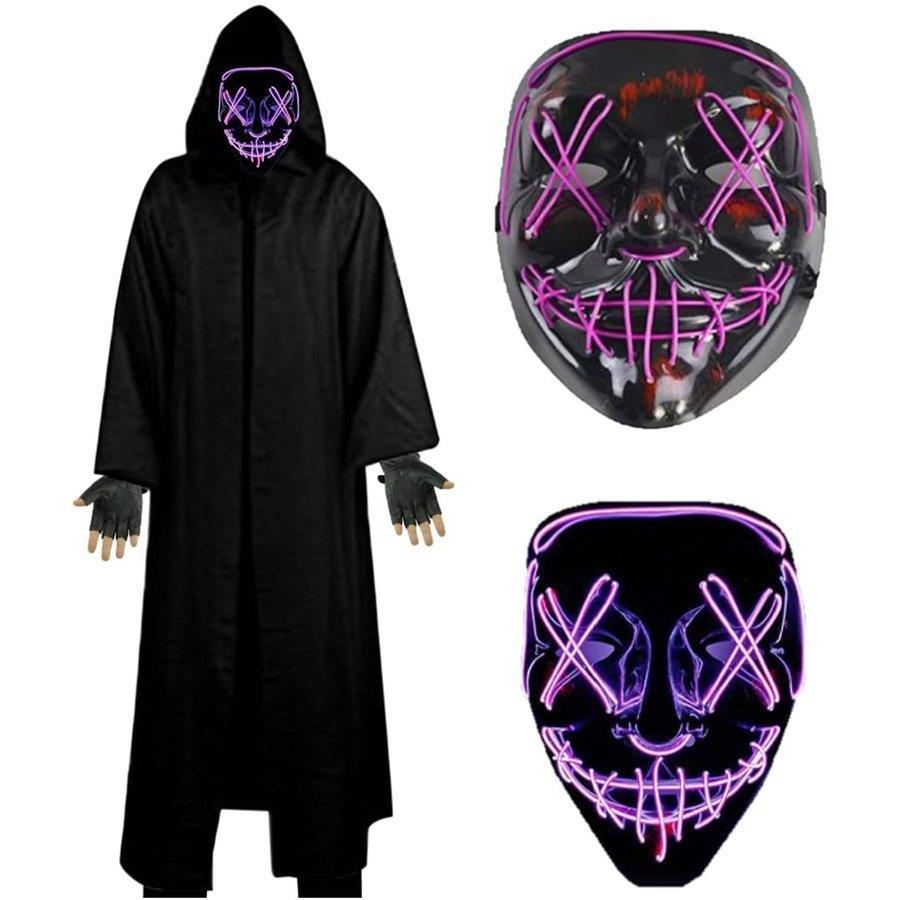 ハロウィン 仮装 マスク LEDマスク 死神 コスプレ 3点セット 光るマスク イベント パーティー 学園祭 文化祭 怖いマスク 黒マント ブラックマント (紫)