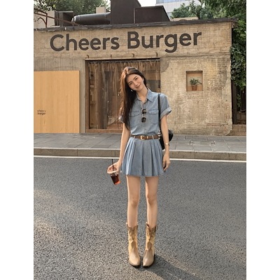 マルバンヴィンテージ半袖デニムシャツトップレディース春夏Aラインプリーツスカートスカートセット