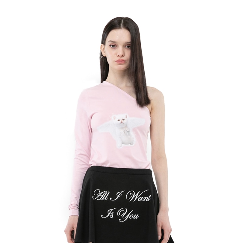 ANGEL CAT CUT OUT ONE SHOULDER T-SHIRTS PINK