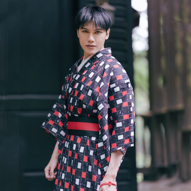 和服男伝統正装和風武士服紳士和服赤黒格子四季着