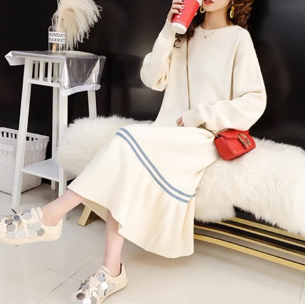 レディース ワンピース ティアード ロング 長袖 ドロップショルダー クルーネック 切り替え ラインデザイン 伸縮性 ニット かわいい 大人可愛い きれいめ シンプル カジュアル おしゃれ