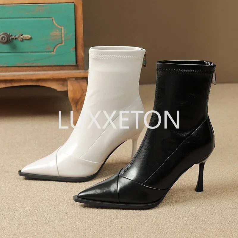 女性のための先のとがったつま先のハイヒールエレガントなサテンのショートブーツ薄いヒールの伸縮性のある靴下女性の靴新しいファッション秋2023