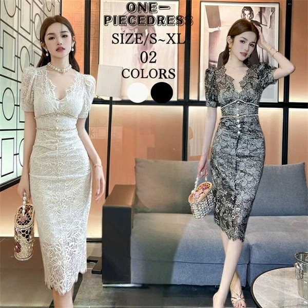 ワンピスドレス　花柄レース　タイトドレス　パーティードレス　ひざ丈ワンピース　フォーマルドレス　ビーズ付き　半袖　Vネック　姫系　セクシー上品 大人 きれいめ キャバ嬢　お水　結婚式 20代 30代