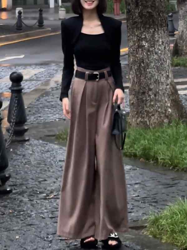 レディース ファッション オシャレ カワイイ シンプル 人カワイイ きいサイズ ハイエンド ハイウエスト プリーツ ストレート ワイド レッグ スーツ パンツ カジュアル スリム