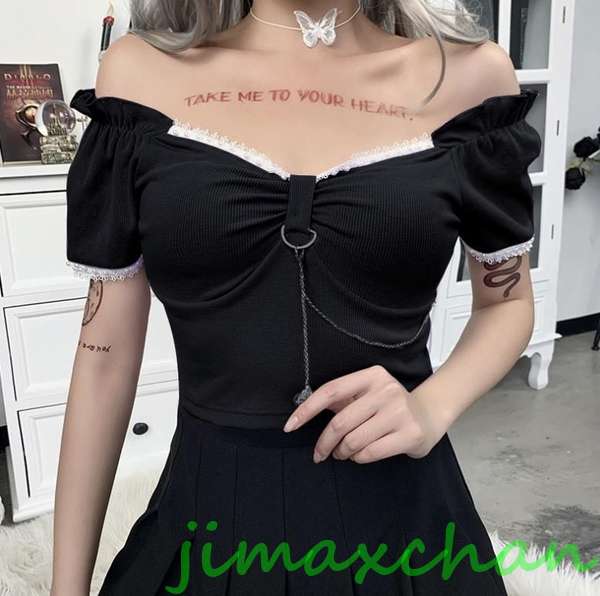 新生活 サマー 黒系胸開き 丸首 Ｔシャツ 短袖 タートルネック セーター レディースファッション タートル 胸開きタート セクシー Uネック ベアトップ ベアトップ キャミソ