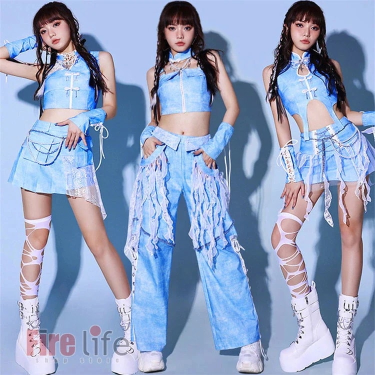 ダンスウェアセール 大人ダンス衣装 ジャズダンス ヒップホップ 舞台衣装 ダンストップス スカート ロングパンツ ブルー レディース セットアップ イベント hiphop DS ダンス 団体 DS演出 5,201円