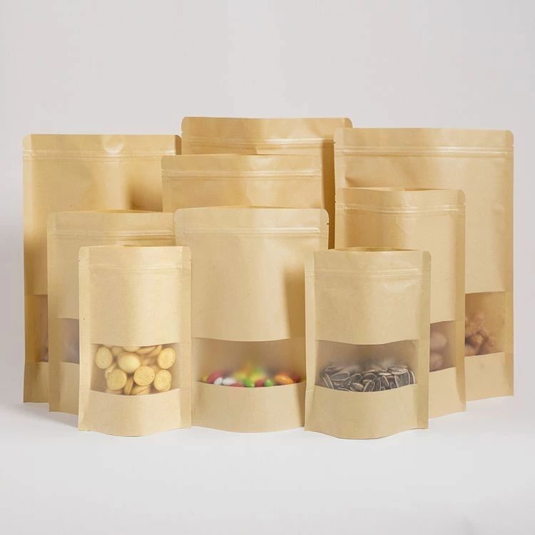 クラフト紙袋 窓付き チャック 付き 袋 密閉袋 コーヒー袋 20×30cm 防湿 防水 耐油 お菓子 ジップ袋 自立 ジッパー付き 紙袋 真空 防カビ 防臭 小分け袋 9×14cm 100 包装