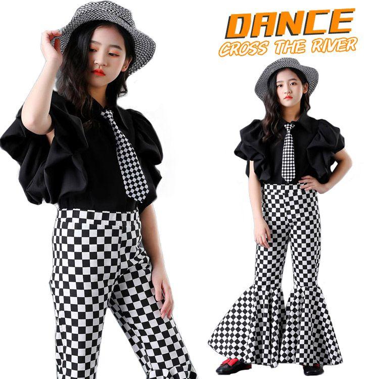 新作即納キッズ ダンス衣装 セットアップ チェック柄 シャツ パンツ ネクタイ ヒップホップ k-pop 衣装 ジュニア 女の子 フレアパンツ 中学生 小学生 hiphop ジャズダンキッズ ダンス衣