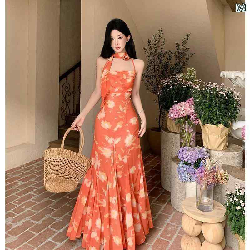 レディース トップス ホルターネック レディース トップス ホルターネック サンセット ファン トム オレンジ 南 フランス ホリデー ティーブレイク プリント ホルターネック ドレス レディース サ