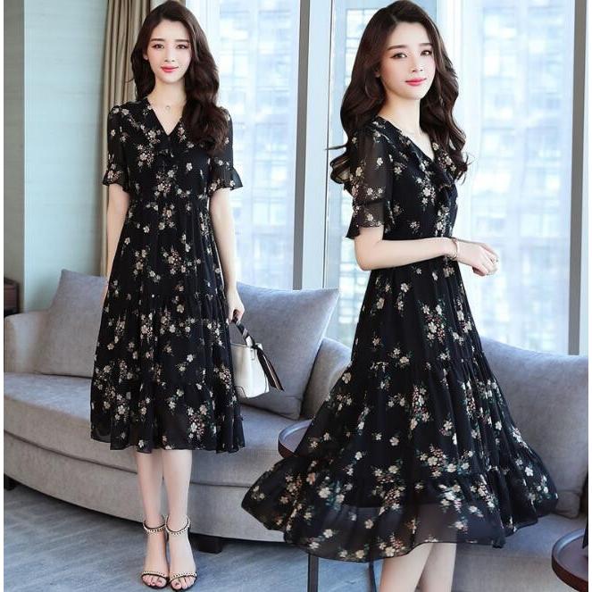 ワンピース シフォン 花柄 フレア袖 Vネク レディース ロングドレス 透け感 膝下丈 Aライン 半袖 カジュアル 結婚式 きれいめ 夏新作 40代50代60代