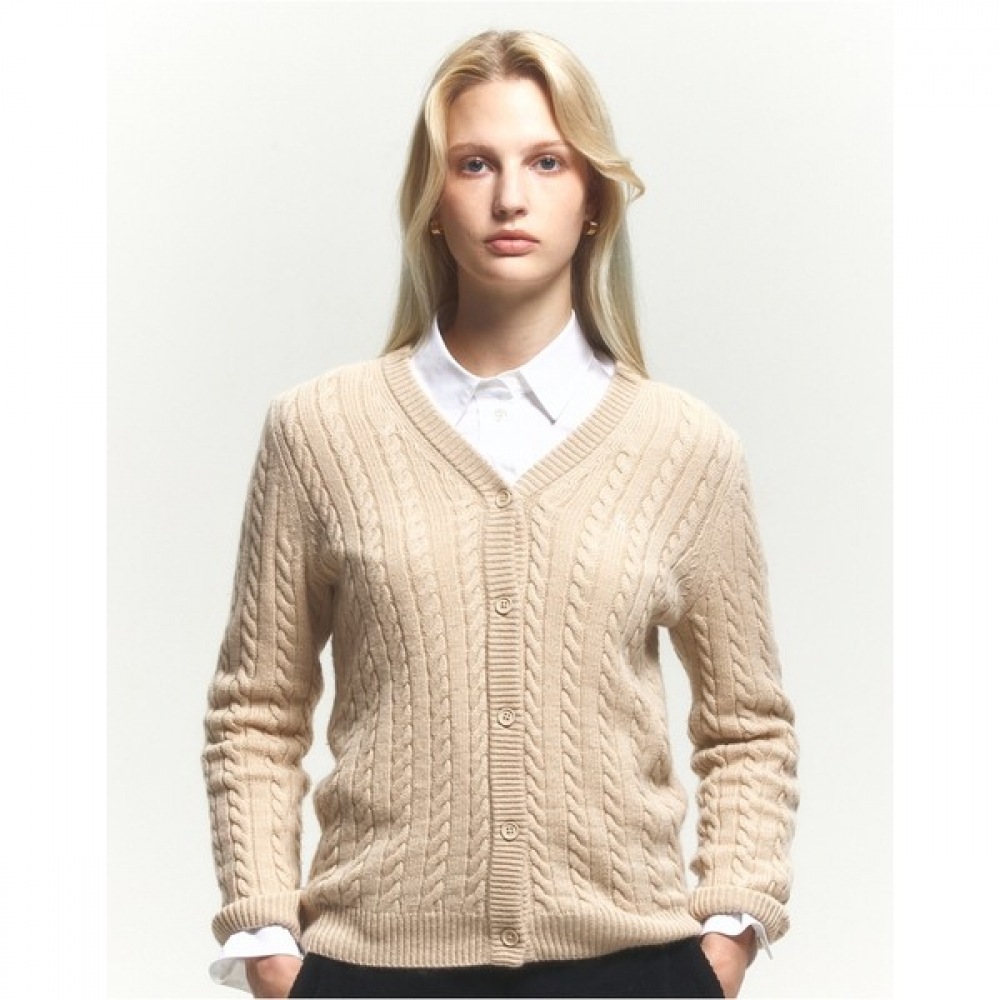 (ヘッジズレディース) 24FW ウールカシミアケーブル Vネックカーディガンライトベージュ HSSW4DC86I1