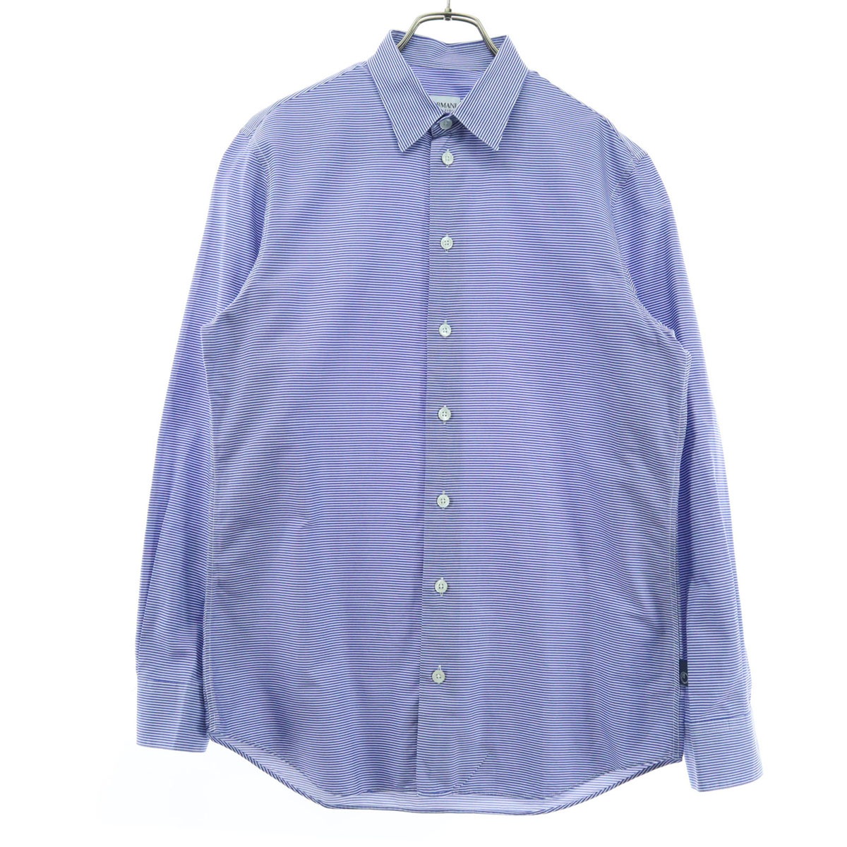 美品 ARMANI COLLEZIONI アルマーニコレッツィオーニ 横ストライプ柄 長袖 シャツ M ブルー メンズ 古着