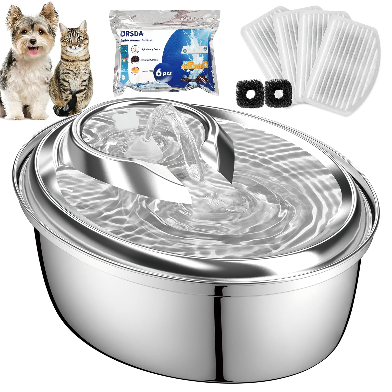 猫 水飲み器 ORSDA ステンレス製 3L大容量 静音 自動給水器 多重濾過 犬 複数のペットに対応 循環式 湧水式設計 2種類の給水モード 活性炭フィルター付き