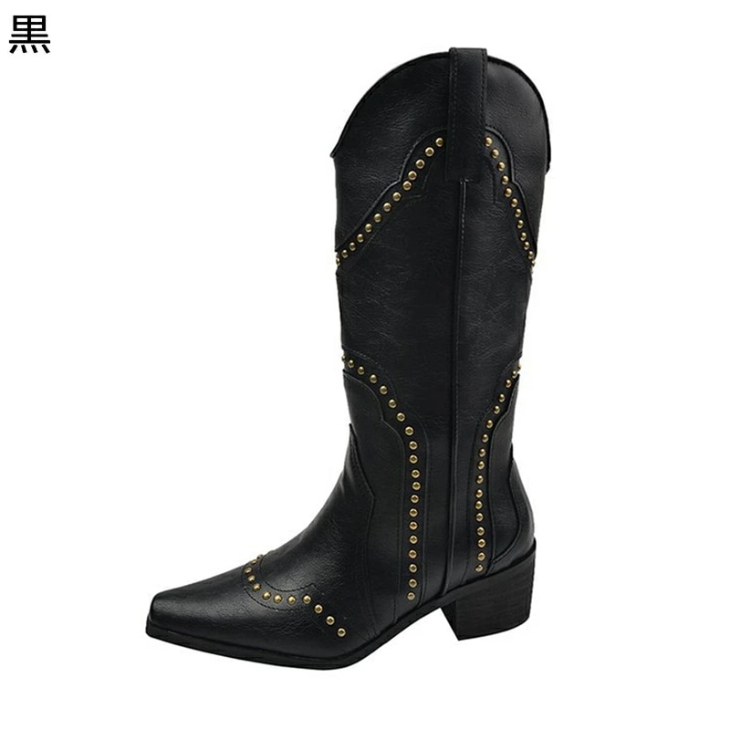 レディース ロングブーツ 騎士ブーツ ウェスタンブーツ リベット Vカット ミドルヒール5cm ポインテッドトゥ メタリック パッチワーク 粗いかかと 柔らか 秋冬 おしゃれ 日常 普段使い