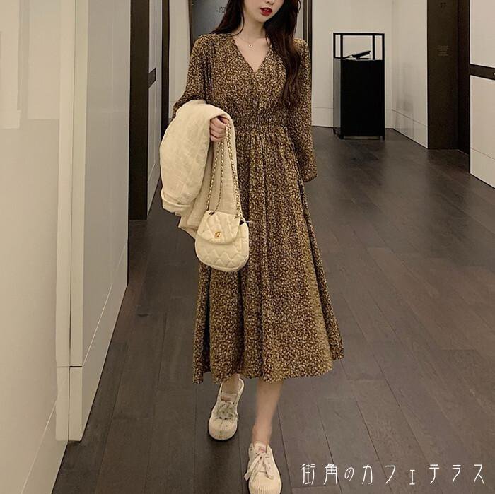 ワンピース 長袖ワンピース 長袖 Vネック ロングワンピース ロング丈 ミモレ丈 フレア Aライン 花柄 小花柄 体型カバー 着痩せ 細見え ハイウエスト おしゃれ 大人 お出かけ