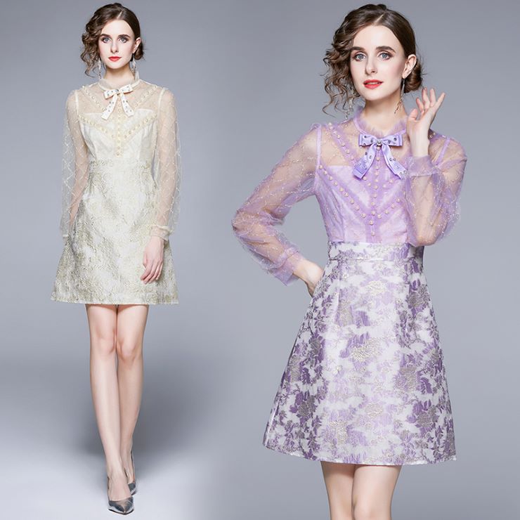 【9月10日20時 新作　長袖レースジャガード切替ミニ丈ワンピース 長袖レースジャガード切替ミニ丈ワンピース ワンピース ドレス ドレス 二次会 結婚式 大人 上品 入園式 卒業式 入学式 OL レデ