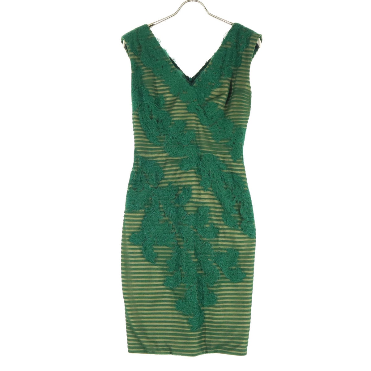 美品 TADASHI SHOJI タダシショージ 刺繍 ノースリーブ ネック ミニワンピース グリーン レディース 古着