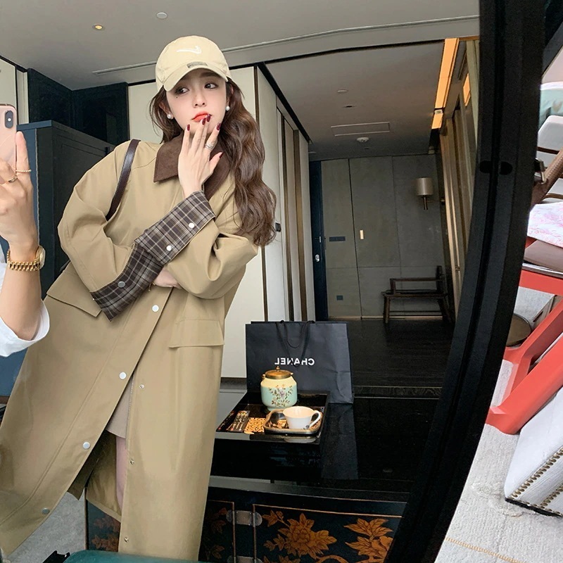 実際の2024新しいカーキ色のトレンチコートの女性の春と秋のミディアムレングス膝丈のデザイン緩いカジュアルな感じのジャケット 5,963円