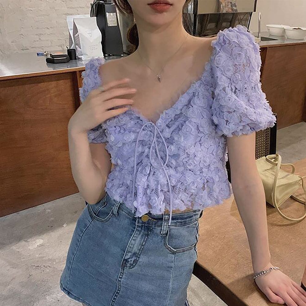 フラワーショートトップス トップス ブラウス ショート l 袖あり 半袖 Vネック スリム 細身 かわいい 大人可愛い きれいめ シンプル おしゃれ お洒落 大人可愛い 大人女子 こなれ感 5,487円