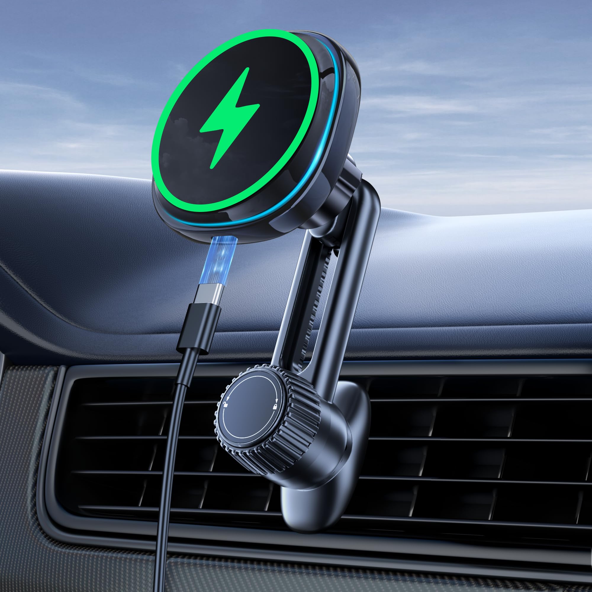 スマホホルダー 車 ワイヤレス充電 マグネット 15W急速充電【冷却ファン付き・エアコン吹き出し口】車載スマホホルダー 携帯ホルダー マグネット ワイヤレス車載充電器 スマホスタンド 車 充電 スタン