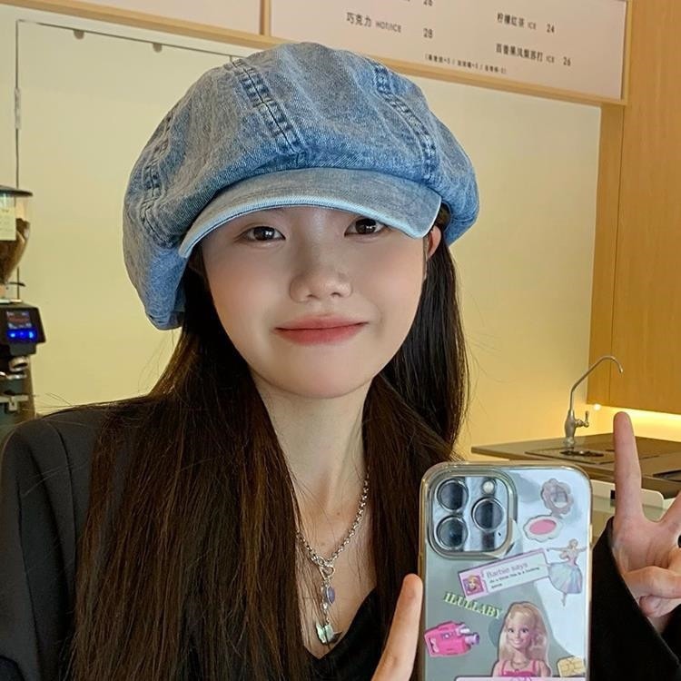 ニット帽 韓国 デニム ベレー帽 レディース 春冬 雲帽子 ショーフェイス 保温 ペインターハット レディース