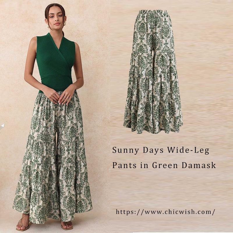 グリーンダマスク柄プリント ゴム入りウエストカジュアルワイドレッグパンツ