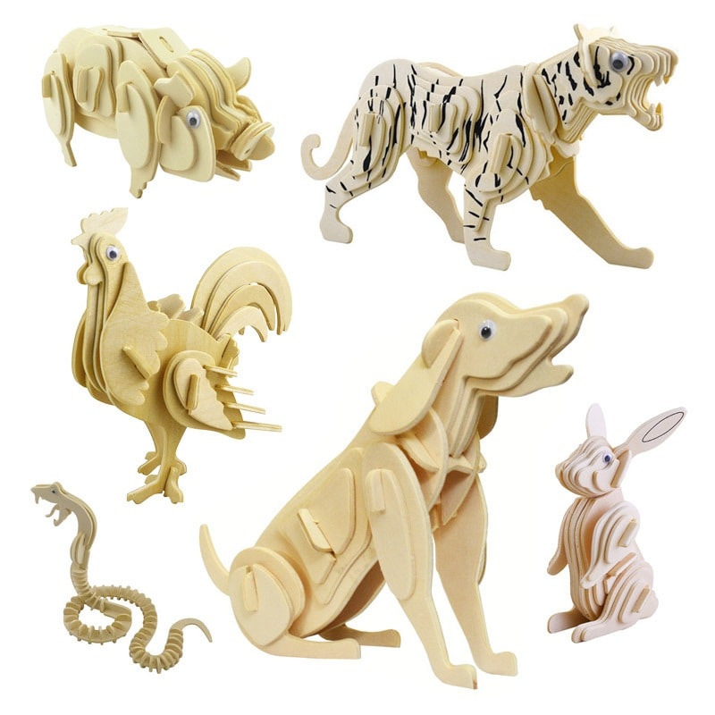12 星座小動物 3d 木製シミュレーションジグソーパズルおもちゃ木製子供 Diy 頭脳パズルマニュアル