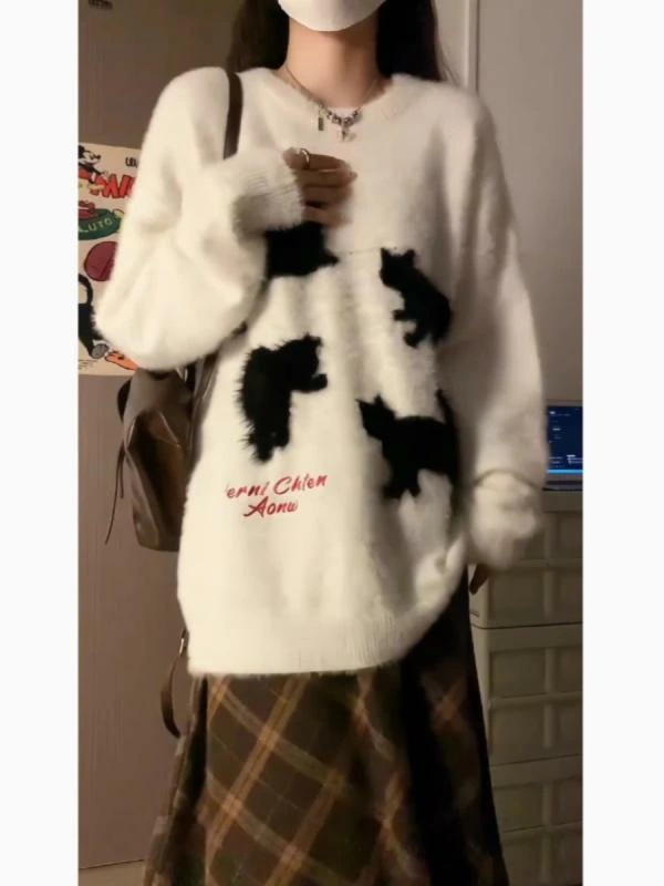 レディース トップス ニット オシャレ 韓国スタイル カワイイ カジュアル セーター カーディガン 長袖 ニット 秋 冬 インナー デザイン ルーズ ミディアム スタイル トップ ネコ 猫 キャット柄