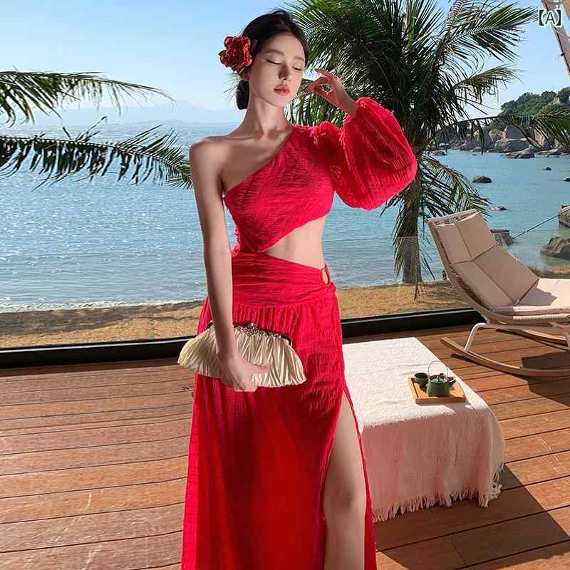 ワンピース レディース フェミニン スリット リゾート ビーチ ドレス ロング スカート きれいめ おしゃれ シンプル エレガント 夏 きれいめ