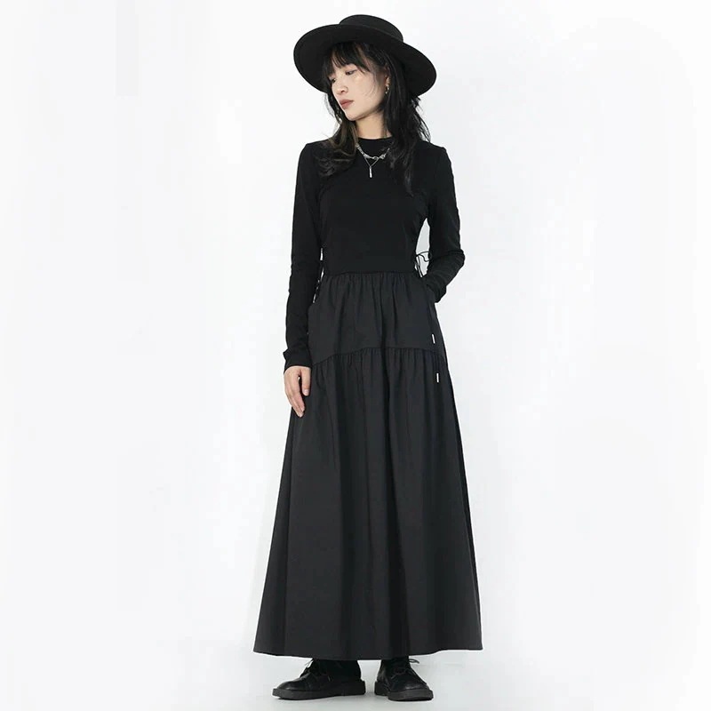 レディースミモレ丈 ロングブラックワンピース ニットワンピース 切り替え 無地 ロング 長袖