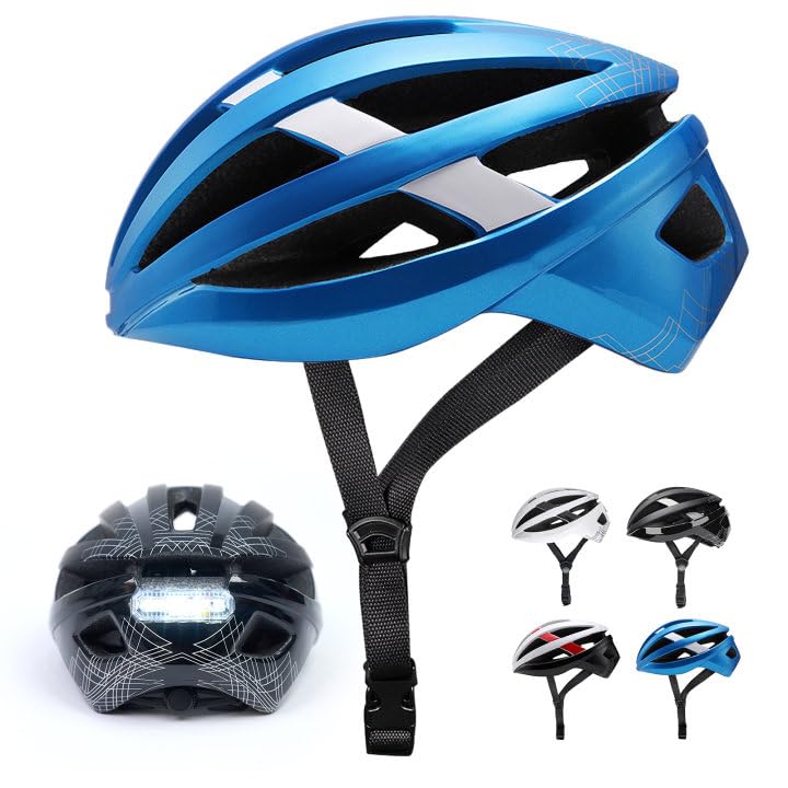 Rongbenyuan 自転車 ヘルメット 大人用 【LEDライト付】ロードバイク ヘルメット スポーツヘルメット 超軽量 17個通気口 58-62CM サイクリング 耐衝撃 高剛性 サイズ調整可能